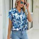 Hawaiian Shirts for Women Soft Cool Hawaiian Shirt Beach Tropic Print V Neck T-Shirt Vacation Button Up Tops (Blue, M)