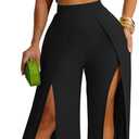 Ekaliy Women's 2 Piece Outfit Sexy Crop Tank Top and High Split Wide Leg Pants Sets Elegant Vacation Jumpsuits Going Out Suit XXL, Black