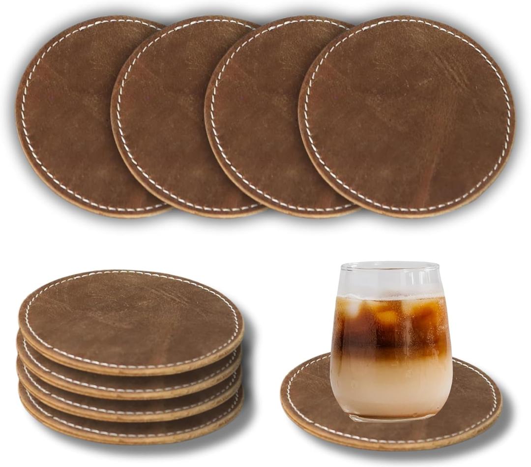 Dark Brown Rustic Leather Coasters for Drinks - Handmade Durable Drink Coasters Set with Holder for Tabletop Protection, Luxurious Home Dcor and Housewarming Gift