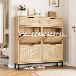 Jocoevol Rattan Shoe Cabinet for Entryway with 4 Flip Drawers & 2 Top Drawers, Freestanding Narrow Shoe Storage Cabinet with Metal Legs for Foyer, Hallway (Natural)