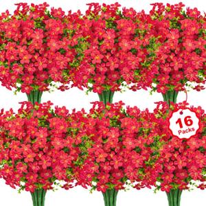 16 Bundles Artificial Flowers for Outdoors Decoration Fake Silk Flowers UV Resistant Faux Plastic Plants for Spring Summer Garden Yard Porch Window Box Home Indoor Outdoor Decor, Red