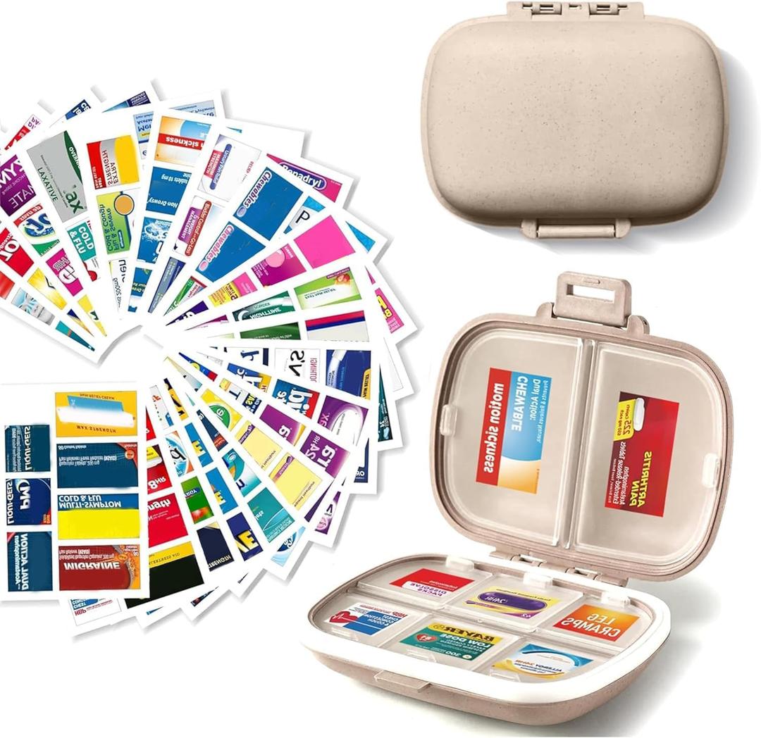 iouwei Pill Organizer with Medicine Labels Travel Daily Pill Container Mini Medication Organizer Storage Pill Organizer Travel Essentials Pill Case 7 Day Pill Organizer (Beige, 161 Lables)