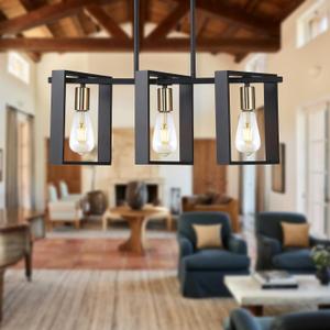 9MMML 3 Lights Kitchen Island Lighting, Modern Rectangle Linear Pendant Light, Black Frame+ Gold Socket Chandelier for Dining &Living Room Foyer Entryway Hallway,E26,Height Adjustable.