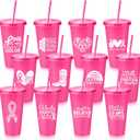 Bokon 12 Pcs Breast Cancer Gifts for Women, 24oz Breast Cancer Awareness Tumblers with Straws and Lids Plastic Pink Ribbon Water Bottles Bulk Reusable Pink Cups Coffee Mugs for Women (Classic)