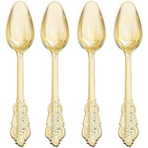 WDF 100 Piece Gold Plastic Spoons Disposable - 6.93 Inch Baroque Gold Spoons Plastic Silverware for Dessert Cake - Heavy Duty for Party Wedding Daily Using Baby Shower Spring
