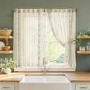 jinchan Small Window Curtains 45 Inch Length Linen Cafe Curtains for Kitchen Bathroom Bordered Floral Embroidered Short Drapes Rustic Farmhouse Light Filtering Curtain Set 2 Panels Green on Beige