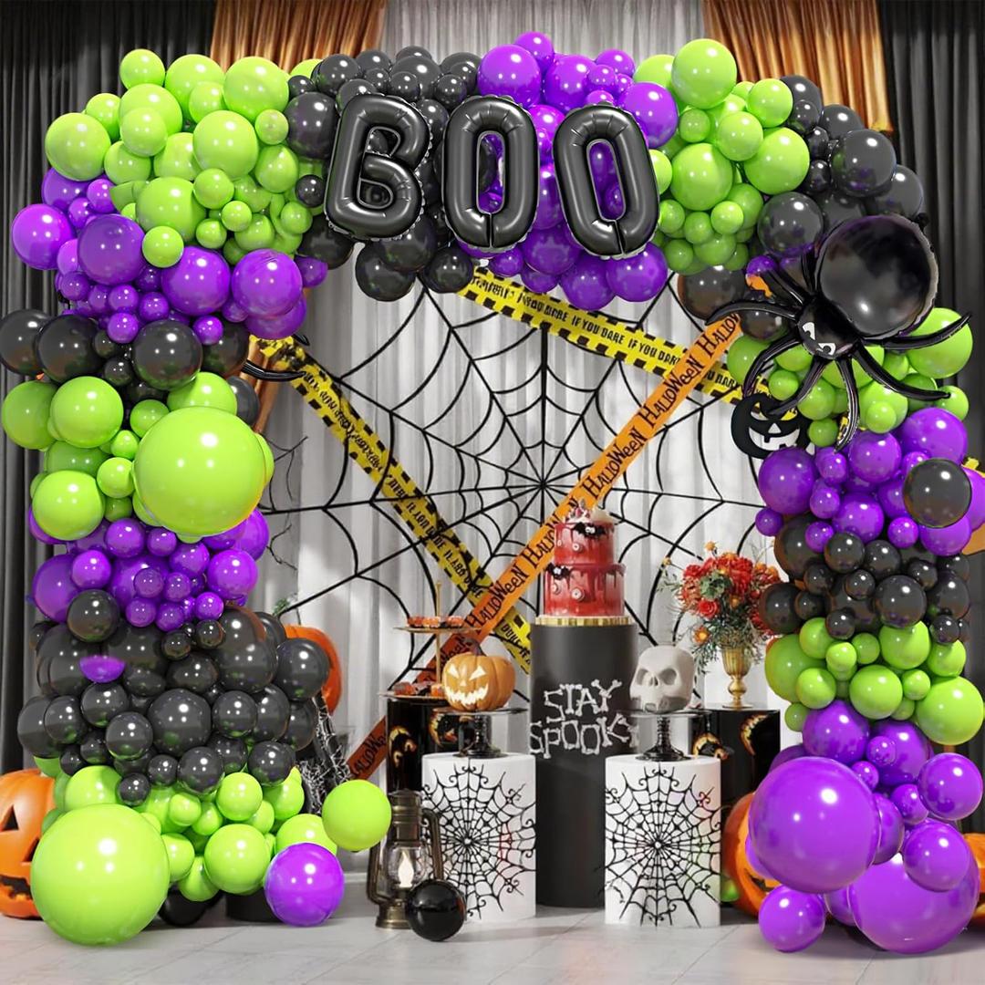 Halloween Balloon Arch Kit With Black Green Purple Balloons Spider BOO Foil Balloons for Halloween Birthday Party Decorations