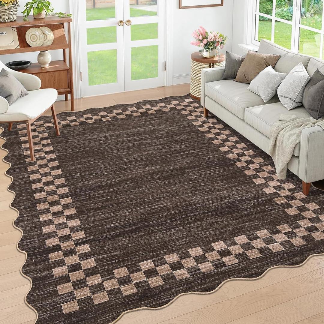 GarveeHome Washable Rug 5x7 for Living Room Large Bedroom Scalloped Rug Non Slip Stain Resistant Modern Border Throw Carpet Soft Boho Rug for Dining Room Nursery Home Office, Brown