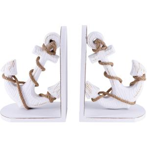 Nautical Anchor Bookends with Rope Decor - Vintage White Wood and MDF Decorative Book Holders for Coastal Home Decor Study Room Display