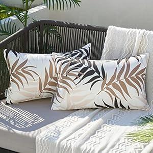 MIULEE Pack of 2 Decorative Outdoor Waterproof Throw Pillow Covers Patio Pillow Cases Natural Leaves Pattern Spring Square Cushion Shams Shell for Garden Balcony Couch 12x20 Inch, Coffee Brown
