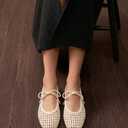 Women's Woven Ballet Flats Mesh Square Toe Mary Jane Flats Lace up Ballerina Slip on Casual Shoes, 5.5, White