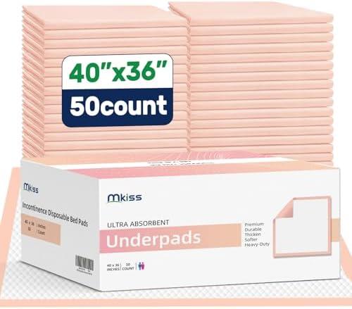MKISS Extra Large Bed Pads 40" x 36"(50 Count), Disposable Super Absorbent Heavy Duty Incontinence Underpads, Thicken Chucks Pads for Adults, Children, Babies, Elderly and Pets
