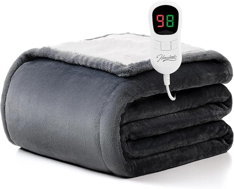 Homemate Heated Blanket Electric Throw - 50"x60" Heating Blanket Throw 1/2/4/6/8 Hours Auto-Off 10 Heat Level Over-Heat Protection Flannel Sherpa ETL Certification