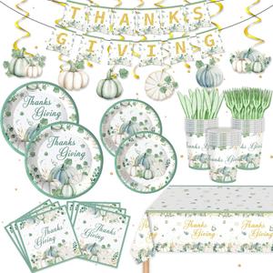 123PCS Autumn Thanksgiving Party Supplies for Fall Pumpkin Themeds Party Decorations Harvest Tableware Set for Kids Childs Leaves Dessert Plates Napkins Cups with Tablecloth and Banner for 20 Guests