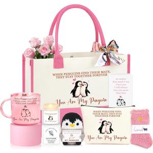 Anniversary Birthday Gifts for Women Wife Girlfriend, Penguin I Love You Romantic Gifts for Her Basket Set of 7