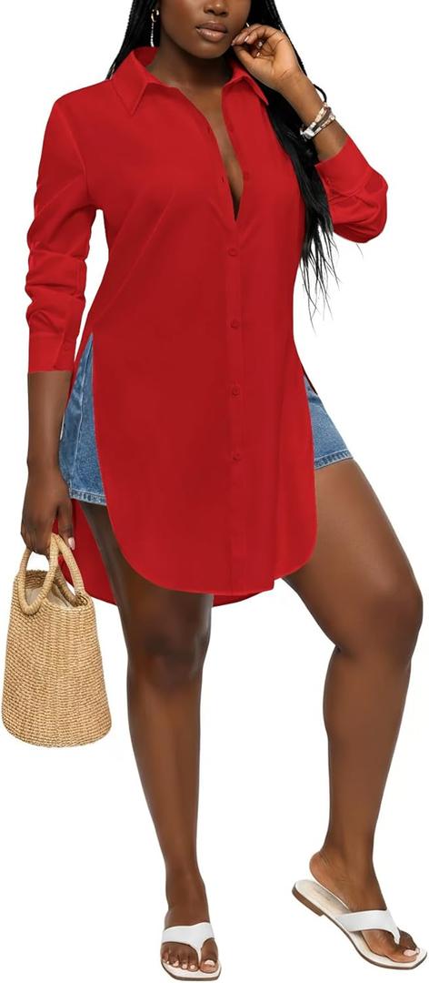 LYANER Women's Collar Neck Long Sleeve Button Down Shirts Sexy Split Hem Tops Long Blouse Shirt Dress (XX-Large, Red)
