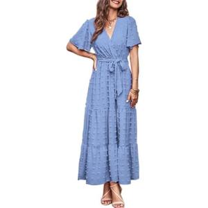 MASCOMODA Womens Summer Swiss Dot Maxi Dressses Wrap V Neck Flutter Short Sleeve Boho Casual Flowy Long Wedding Guest Dress, L