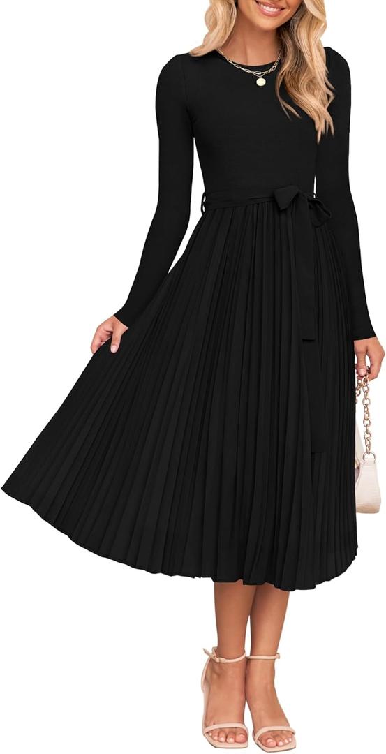 ZESICA Women's Fall Long Sleeve Midi Dress 2025 Casual Crewneck Knit Belted Pleated A Line Flowy Party Dresses XL