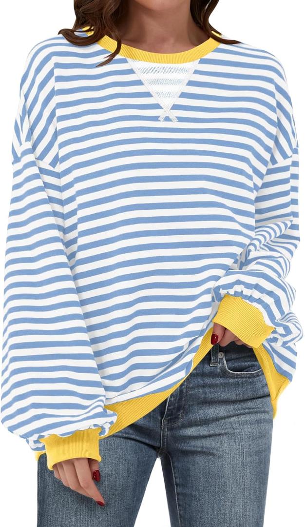 Women Striped Oversized Sweatshirt Long Sleeve Crewneck Hoodies Shirts 2024 Fall Pullover Top Trendy Preppy Clothes (L)