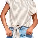 PRETTYGARDEN Womens Tops 2025 Cute Summer Cap Sleeve Crewneck Tie Knot Striped Shirts Casual Loose Blouses Knit Crop Top (Medium, Stripes White and Apricot)