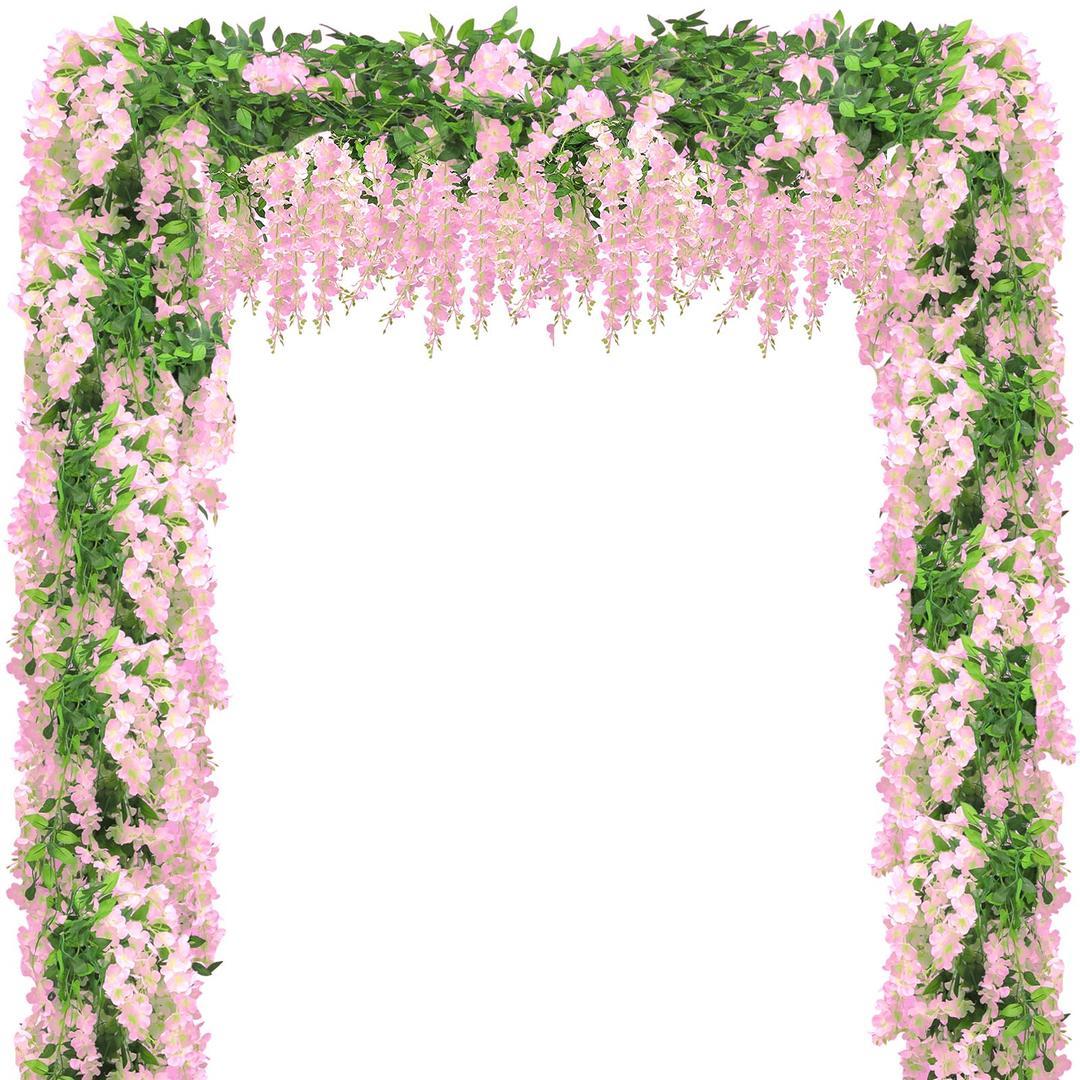 Wisteria Artificial Flower Garland,4PCS Wisteria Hanging Flowers for Wedding Decor,Wedding Arch Flowers,Flower Garland for Backdrop,Fake Hanging Flowers Vines for Wedding Decor(Total 28.8FT-Pink)