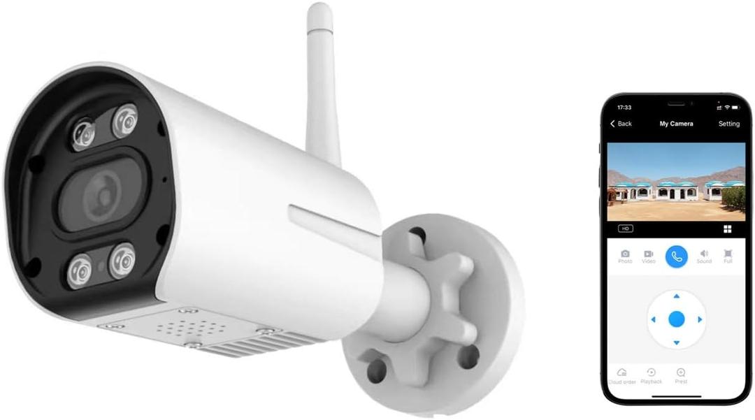 1080P Bullet IP Camera WiFi/Wired Outdoor Security 10x Digital Zoom Night Vision Motion Detection IP65 Waterproof TF Card Recording (2MP)