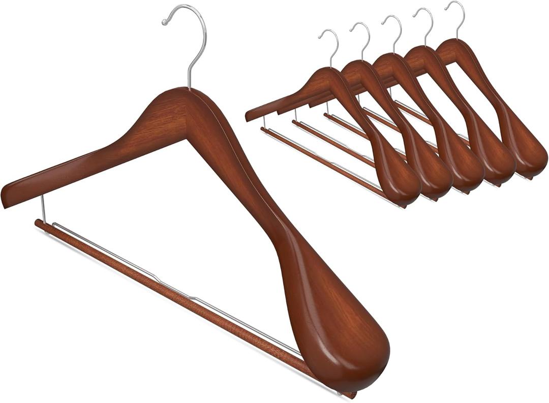StorageWorks 6 Pack Wooden Hangers, Extra Wide Shoulder Wood Hangers with Locking Bar for Suit, Shirt, Coat, Pants, Walnut Color