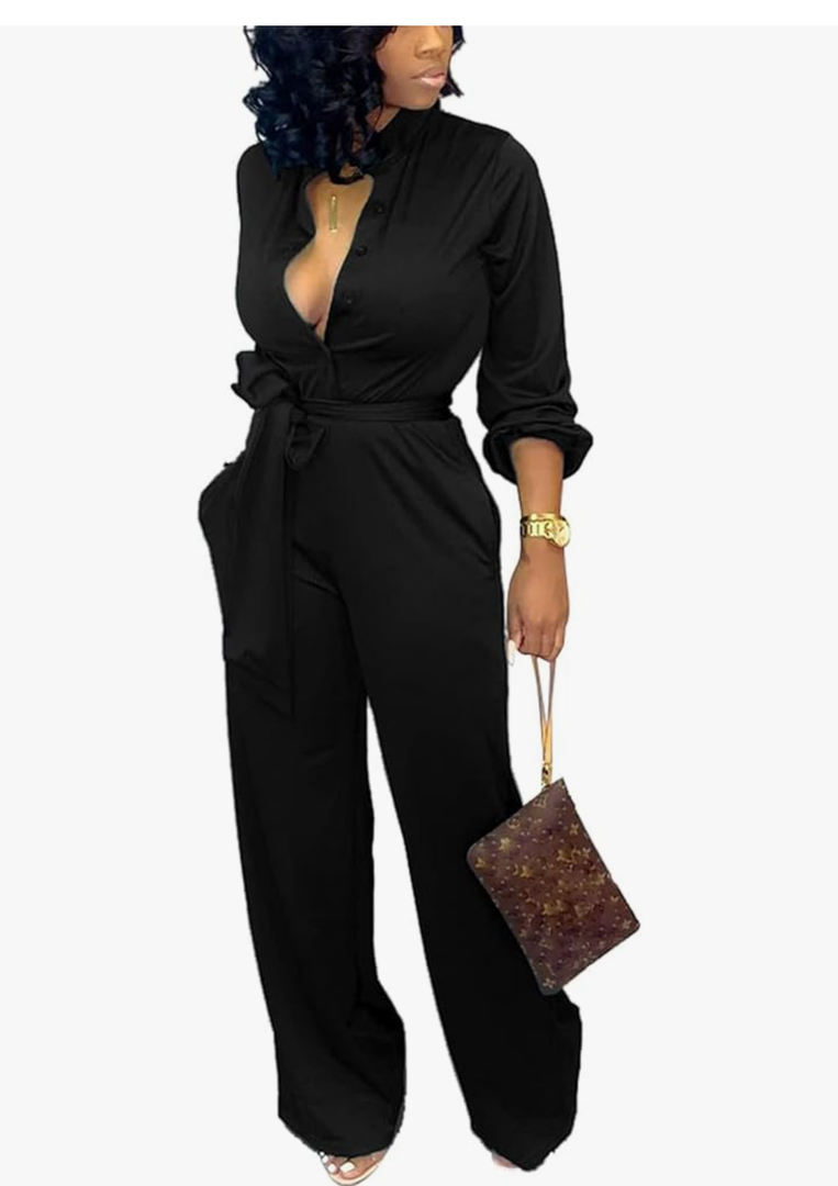 SxClub Black Jumpsuits for Women Dressy Sexy Elegant Long Sleeve Long Straight Pants Rompers Busineess with Pockets Button (Large)