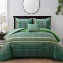 Boho Green Comforter Set Queen Size,8 Piece Bed in a Bag Bohemian Striped Bedding Quilt Set,Dark green Paisley Floral Comforter and Sheet Set,Soft Microfiber Complete Bedding Sets for All Season