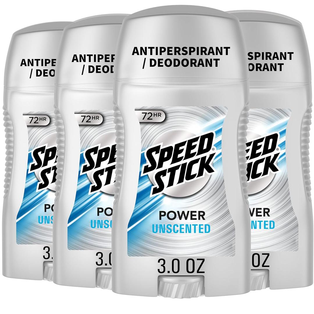 Speed Stick Power Antiperspirant Deodorant for Men, 72 HR Sweat & Odor Protection, Unscented, 3.0 oz Stick (4 Pack)