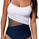 CUPSHE Women's One Piece Swimsuit Bathing Suit Scoop Neck Cutout Back Hook Color Block Mesh Swimwear M