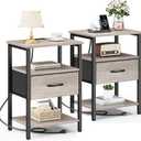 Vagusicc Nightstand Set of 2 with Charging Station, Bed Side Table with Fabric Drawer, Small End Table with 3 Tier Storage Shelves, 23.8'' Tall Night Stand Bedside Table for Bedroom Living Room, Gray (Greige)