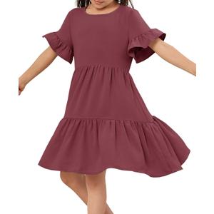 Geckatte Girls Dresses Summer Casual Floral Print Ruffle Short Sleeve Tiered Pleated Kids A-Line T-Shirt Dress Size 5-14