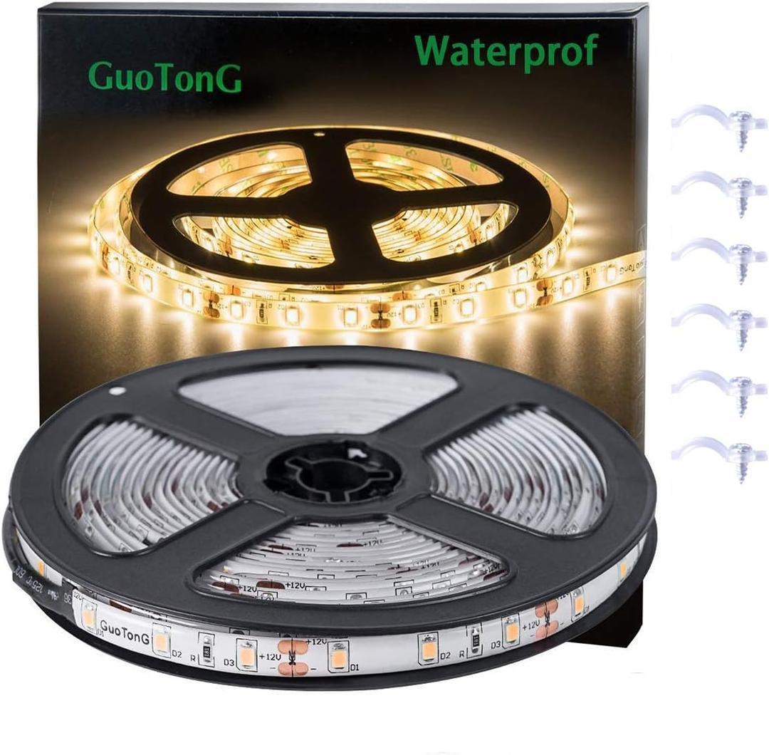 Warm White LED Strip Lights, Waterproof cuttable 300 SMD 2835 LED Tape, 6000K 16.4ft/5m 12V Flexible Ribbon, Kitchen Cabinet Lighting, Hotel, Club, BarNo Power Supply (Yellow)