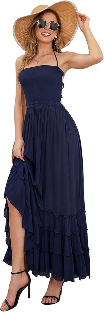 R.YIposha Women's Sleeveless Halter Beach Dresses Strappy Backless Bohemian Maxi Long Dress, 12-14