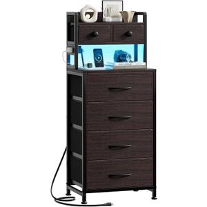 REAHOME 41 Inch Tall Nightstand with Charging Station, LED Night Stand with 6 Fabric Drawers, Bed Side Table with 3-Tier Wood Storage Shelves for Bedroom, Office, Small Spaces, Leather Brown