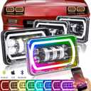 4x6 LED Headlights with RGB Halo Ring Music Mode Replacement H4651 H4652 H4656 H6545 Truck Chevrolet Kenworth Oldsmobile Ford Peterbilt