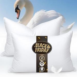 Goose Feather Pillows Queen Size Pack of 2 - Hotel Down Bed Pillow for Sleeping, Soft 600 Thread Count Cotton Cover, Fluffy Support Surround Fill Polyester for Side, Stomach, Back Sleepers