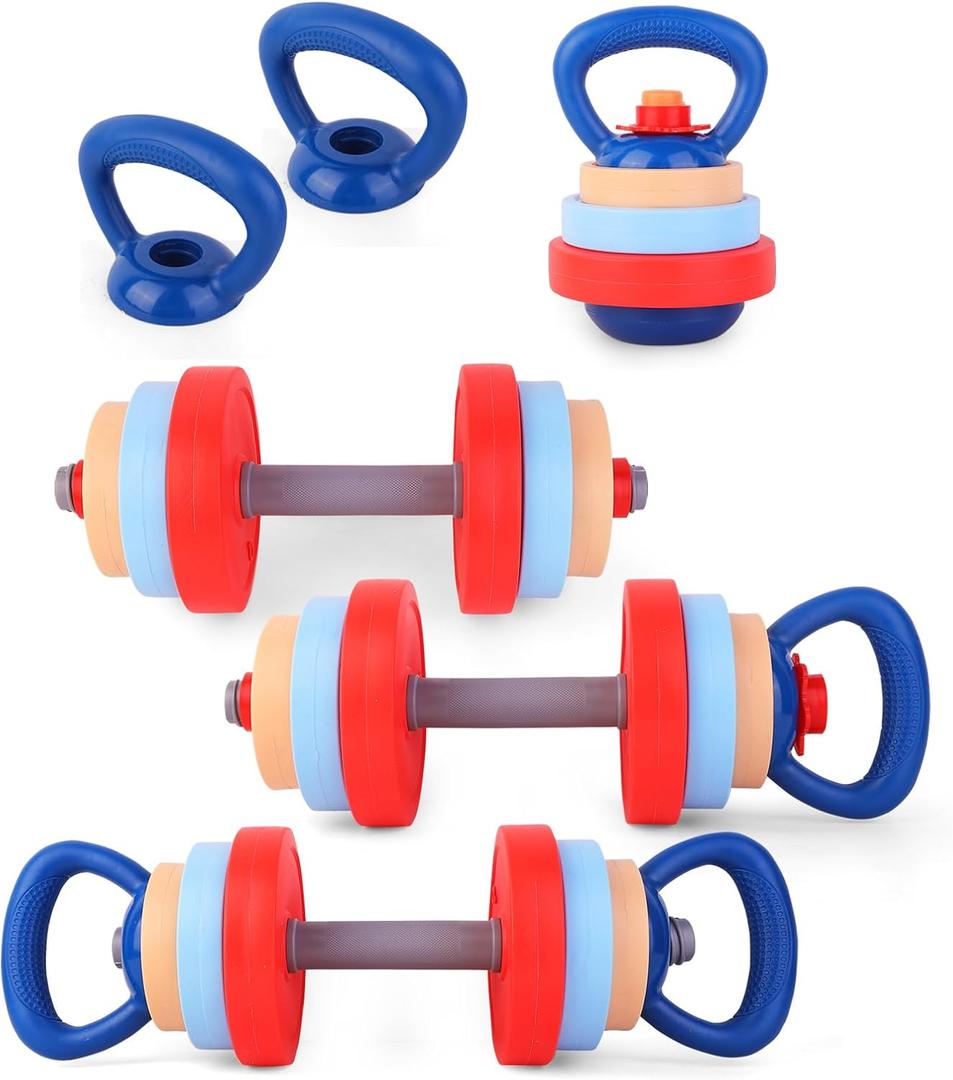Kids Exercise Equipment With 2 Dumbbells and Kettlebell - Adjustable Workout Toy Equipment for Children Pretend Play Exercise - Toddler Beginner Gym & Fitness Family Games for Birthday Gifts