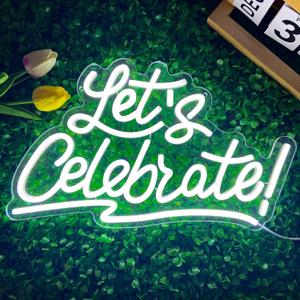 Let's Celebrate Neon Sign, Dimmable LED White Letter Neon Light Signs, Lets Celebrate Neon Signs for Wall Decor, Lets Party Neon Sign Cheers Words Neon Signs Graduation Party Celebration Wedding Bar