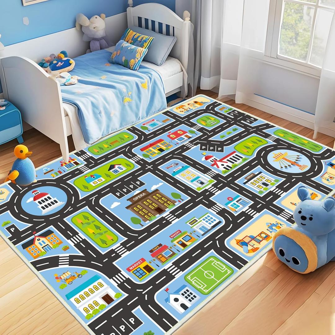 Kids Carpet 2.6'x4' Kids Play Rug for Playing, Road Rug for Kids City Life Educational Road Car Carpet for Classroom, Blue Car Carpet for Playoom(Blue, 2.6'x4') (2'7" x 3'11")