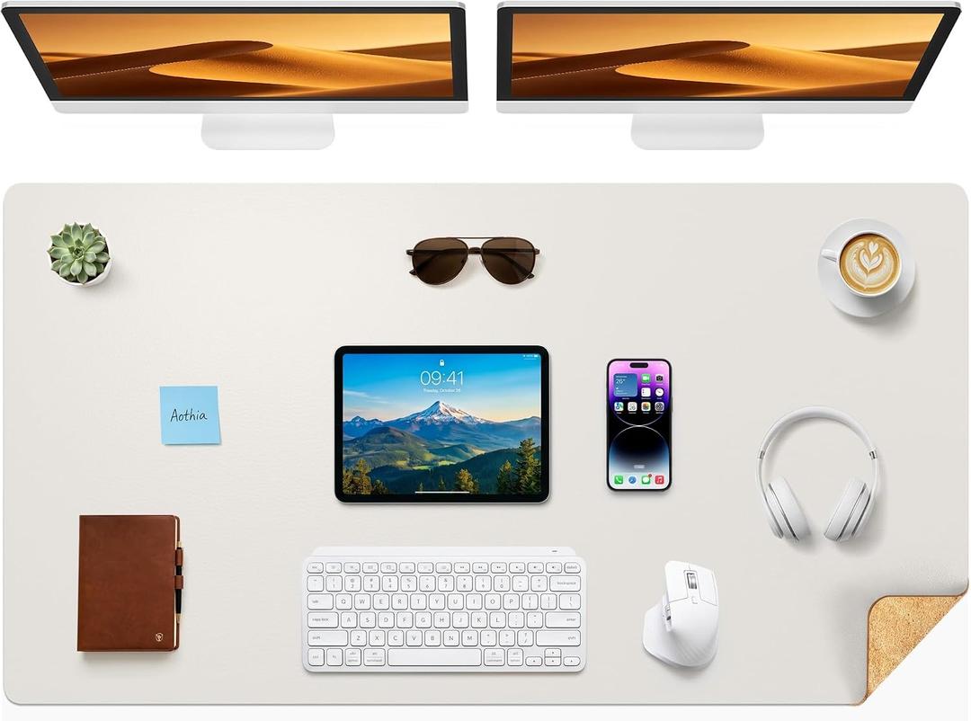 Aothia Cork Desk Mat - Dual-Sided XL PU Leather Desk Pad & Full Desk Protector, Large Waterproof Desktop Mat for Office & Gaming (47" x 23.6", Off-White)