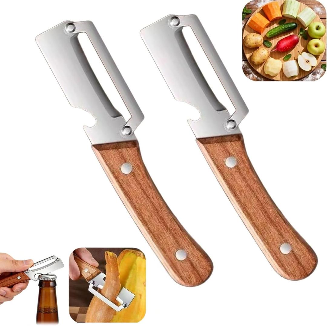 2 x 2 PCS Multi-Functional Kitchen Peeler, Vegetable Peeler, Wooden Kitchen Tool, Premium Wooden Handle - Stainless Steel Single Blade & Built-In Bottle Opener, Suitable for Peelable Vegetables & Fruits