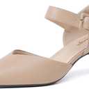 RIBONGZ Comfortable Kitten Heels for Women Pointed Closed Toe Ankle Strap Buckle Heels Slip on Low Heel Church Pumps Wedding Bridal Party Dressy Shoes (8.5, Nude)