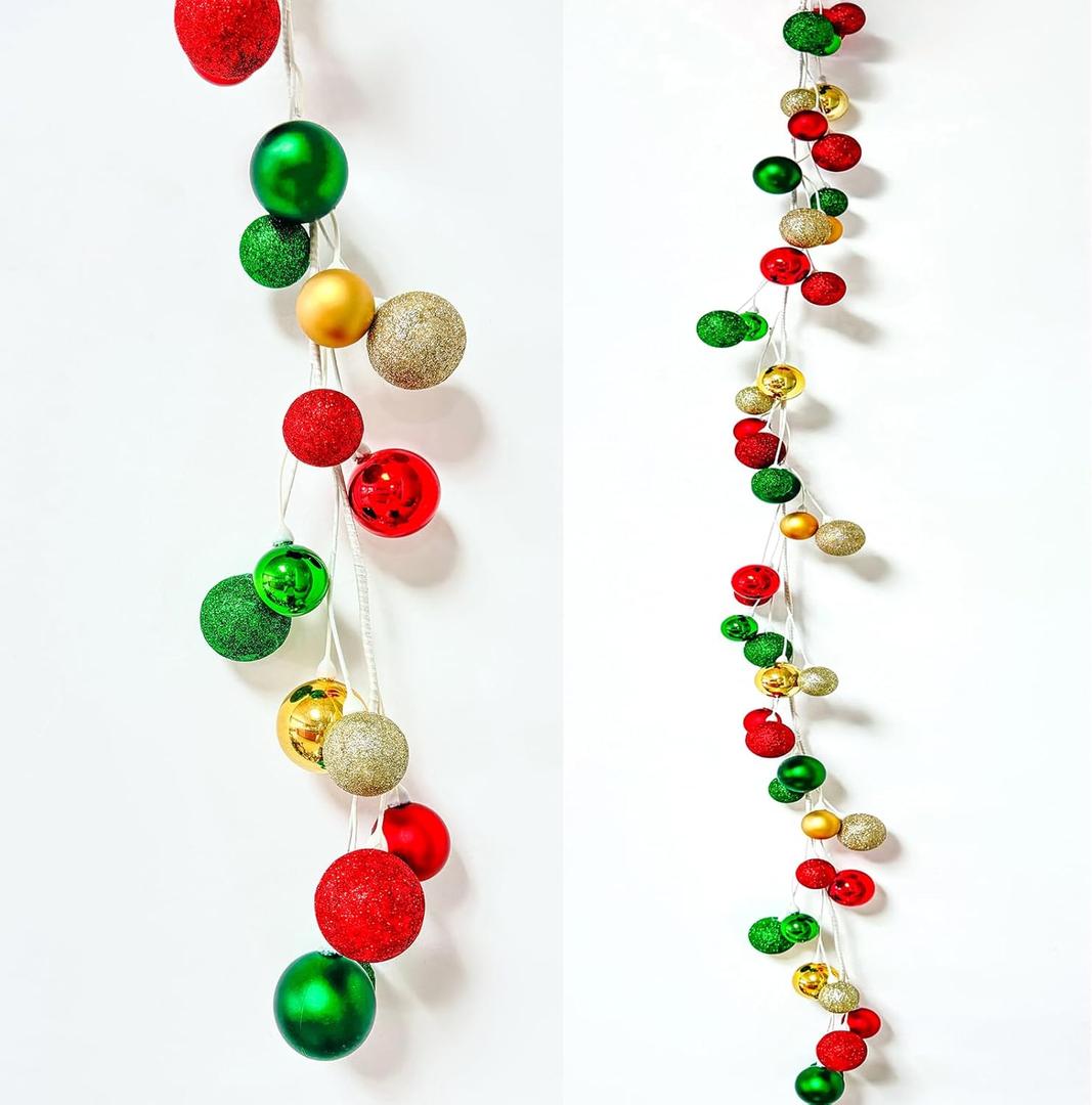 6ft Christmas Ball Garland  DecorSea Glitter & Shiny Baubles, Elegant Holiday Decoration for Mantel, Stairs, Door Frame & Tree Decor (Red&Green&Gold)