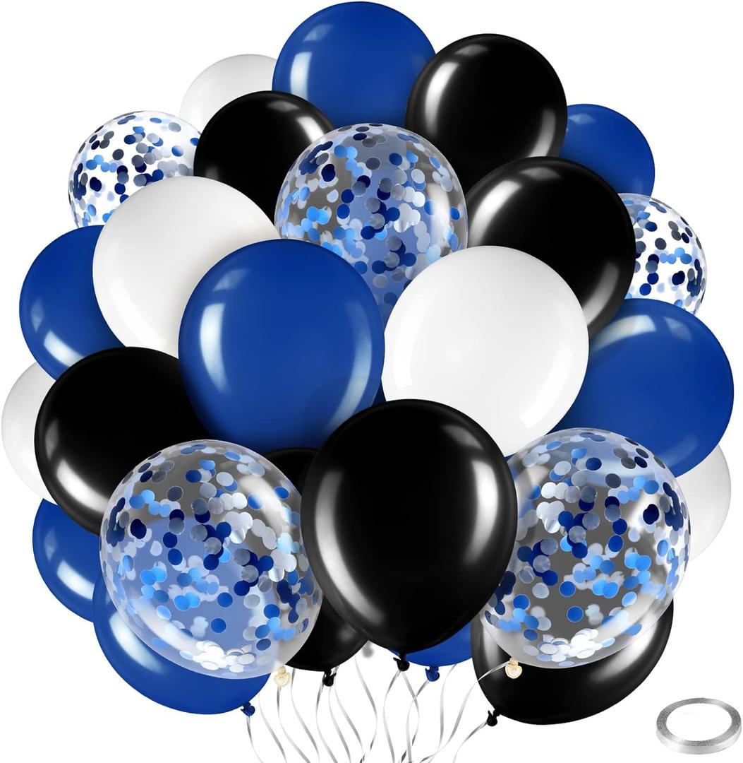 Sratte 60 Pcs 12 Inch Balloons Kit Confetti Latex Metallic Balloons with 2 Rolls Ribbon Party Favor for Memorial Day, Birthdays, Back to School, Halloween Decorations(Black, Blue, White)