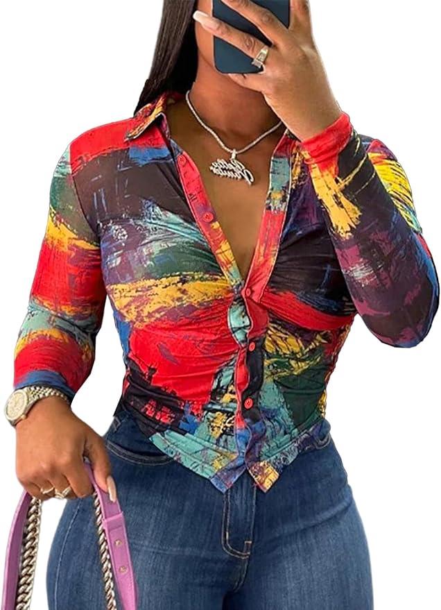 LovelyWholesale Women Sexy Button Down Shirts Long Sleeve Collared Tie Dye Tops, L