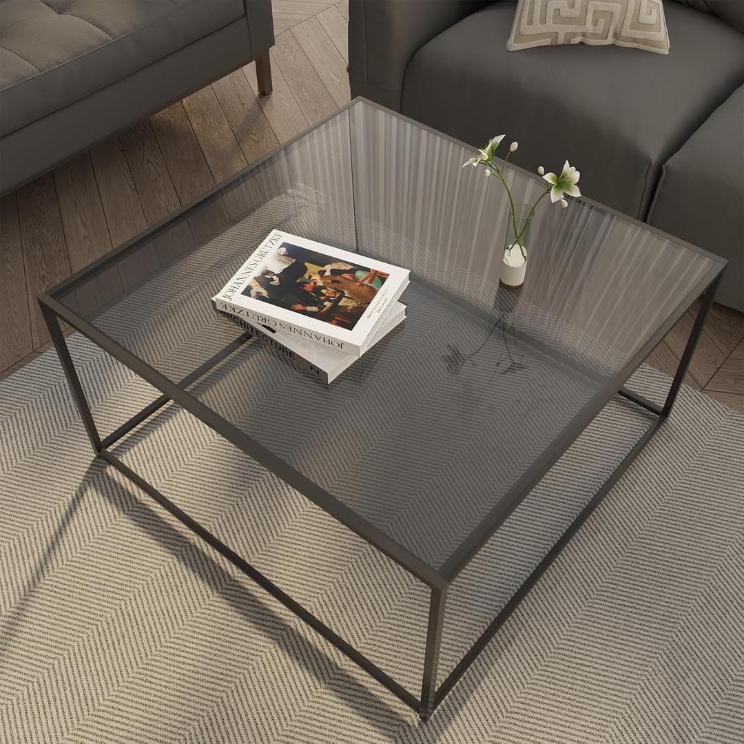 Glass Coffee Tables for Living Room Square Modern Center Table for Small Space,Tempered Glass-top with Sturdy Metal Frame Sofa Side End Table, Easy Assembly,26.4 x 26.4 x 15.7 Inches, Gray Black, Square-26.4in