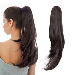 Ponytail Extension, 20" Long Claw Hair Extension Synthetic Wavy Straight Hairpieces Clip in Ponytail Wig Daily Fluffy Pony Tail for Women (Darkest Brown)