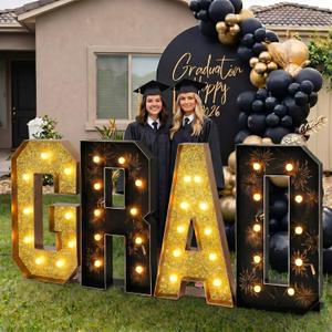 2026 Graduation Decorations 4 FT Grad Marquee Letter Large Class of 2026 Light up Sign Graduation Party Decor for Kindergarten Preschool High School College Pre-cut Foam Board(Black & Gold)